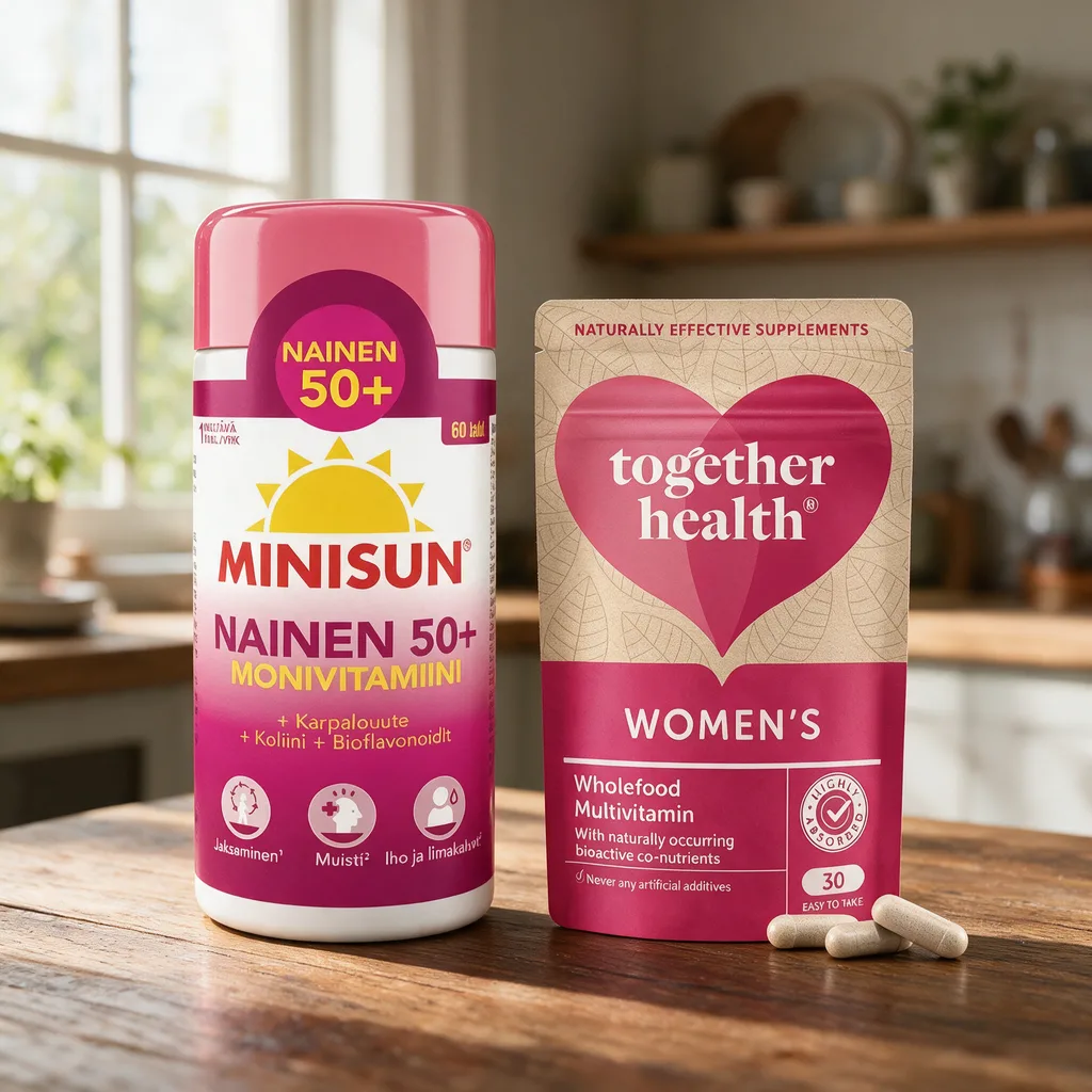 Vaaleanpunainen Minisun Nainen 50+ -purkki ja Together Health -pussi ikkunan valossa puisella pöydällä