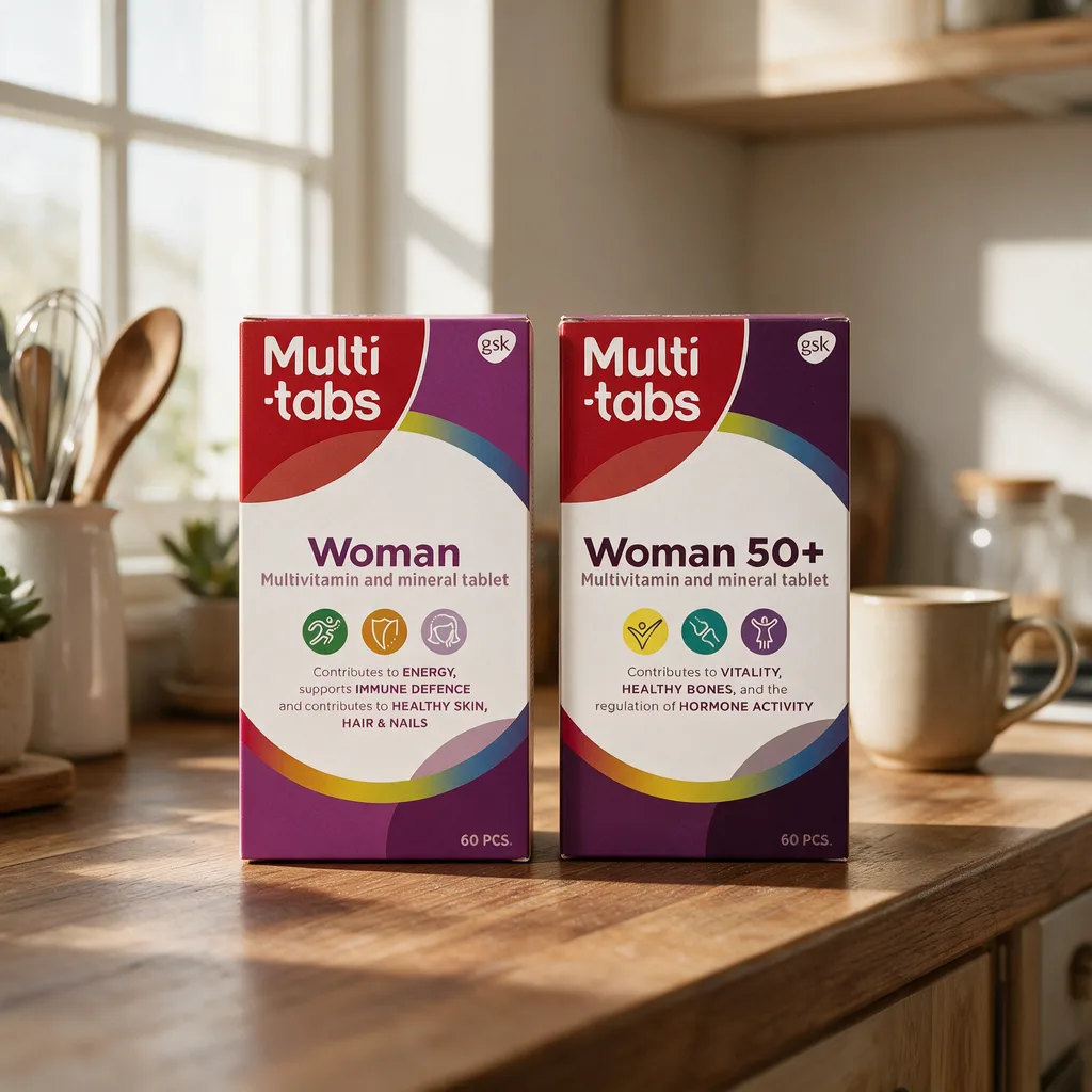 Kaksi Multi-tabs-rasiaa, Woman ja Woman 50+, rinnakkain aamuauringossa keittiön tasolla