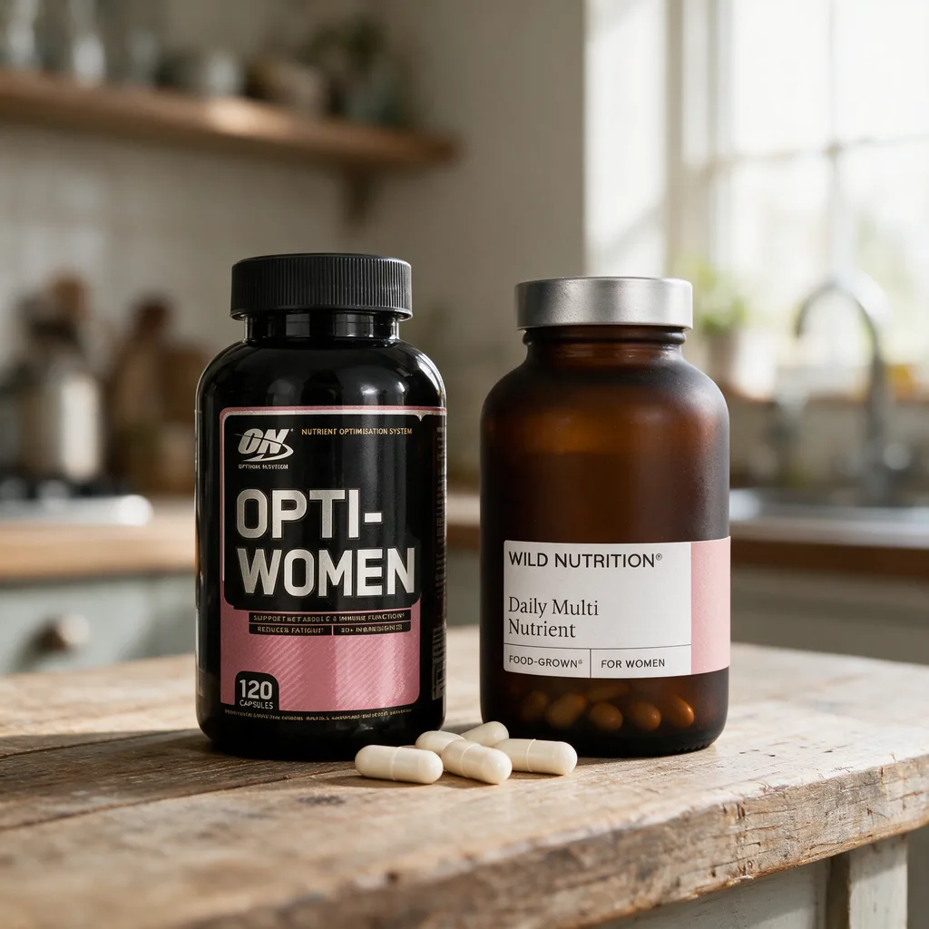 Musta Opti-Women-purkki ja ruskea Wild Nutrition -lasipurkki vierekkäin puisella tasolla, edessä kapseleita