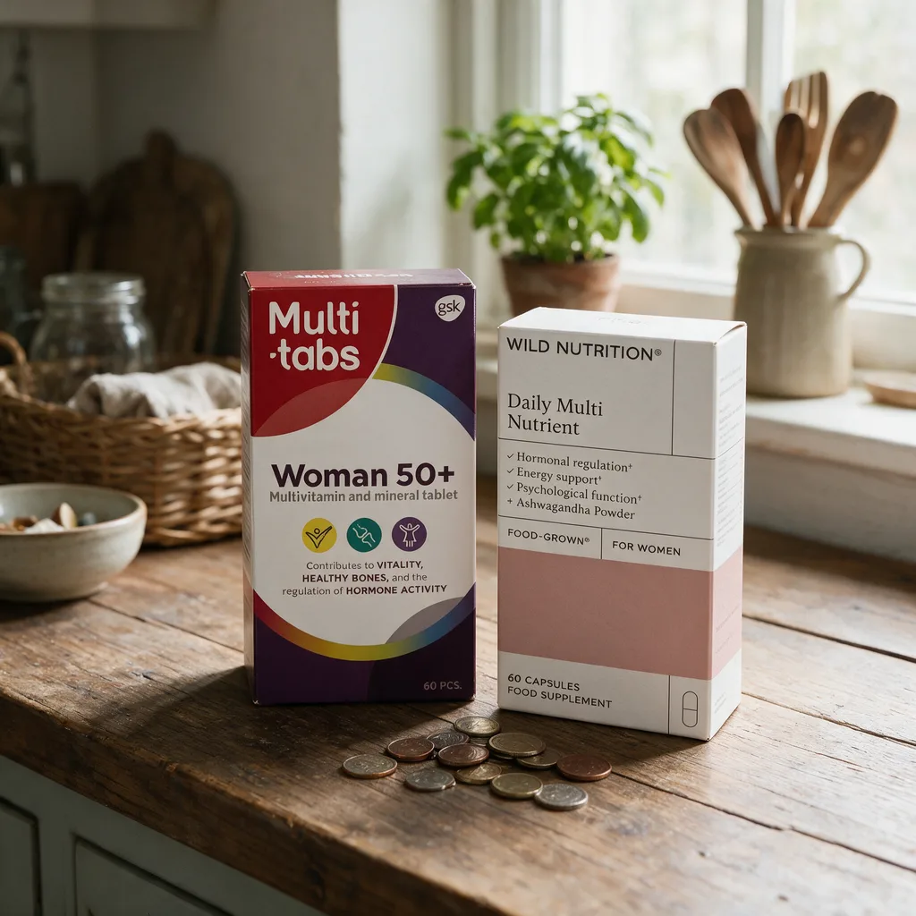 Violetti Multi-tabs Woman 50+ -pakkaus ja Wild Nutritionin rasia keittiön tasolla, välissä muutama kolikko