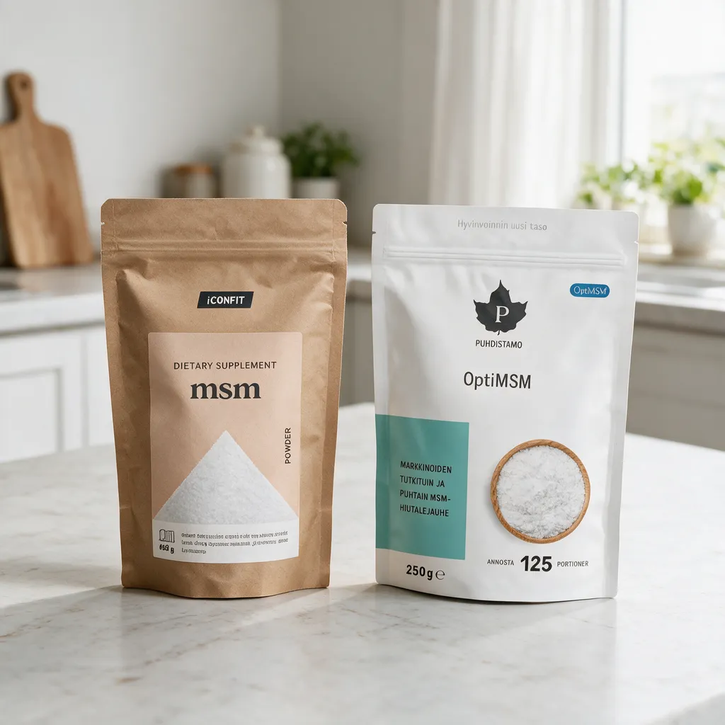 Ruskea IconFit MSM Powder -paperipussi ja valkoinen Puhdistamo OptiMSM -pussi vierekkäin keittiön työtasolla
