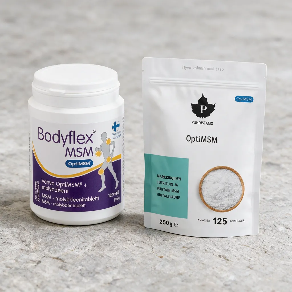 Valkoinen Bodyflex MSM -tablettipurkki violetilla etiketillä ja valkoinen Puhdistamo OptiMSM -pussi harmaalla kivitasolla