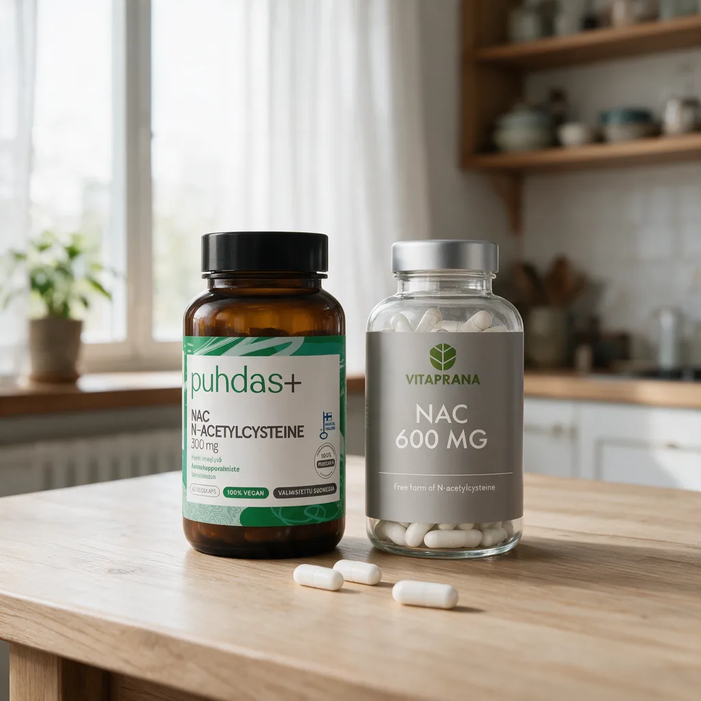 Puhdas+ NAC -ruskea purkki ja Vitaprana NAC 600 mg -läpinäkyvä purkki vierekkäin puisella pöydällä, edessä kapseleita