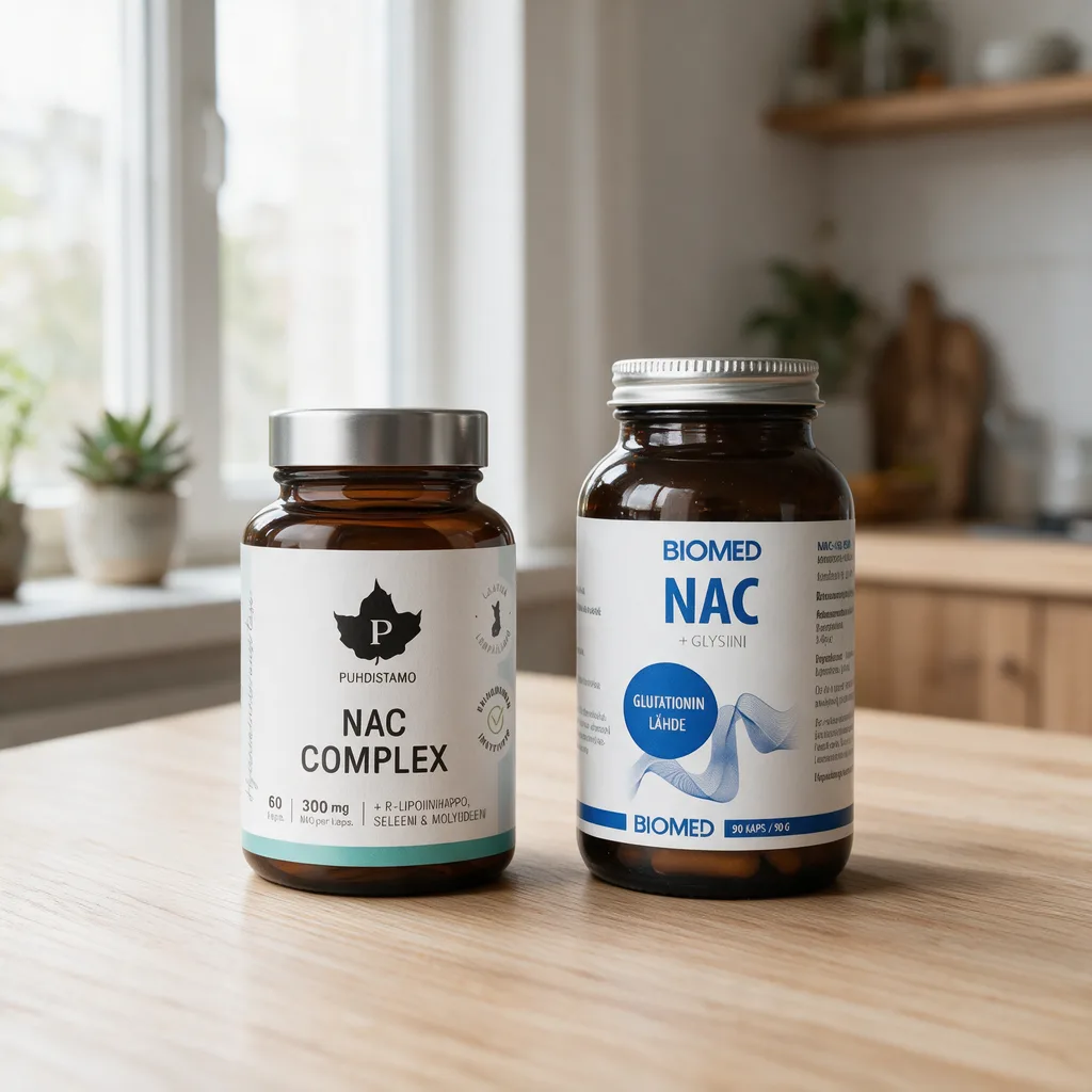 Puhdistamo NAC Complex -ruskea purkki ja Biomed NAC + Glysiini -lasipurkki vierekkäin puisella pöydällä