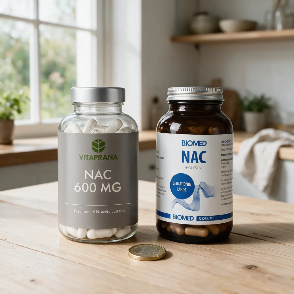 Vitaprana NAC 600 mg -muovipurkki ja Biomed NAC + Glysiini -lasipurkki vierekkäin puisella pöydällä, välissä kolikoita