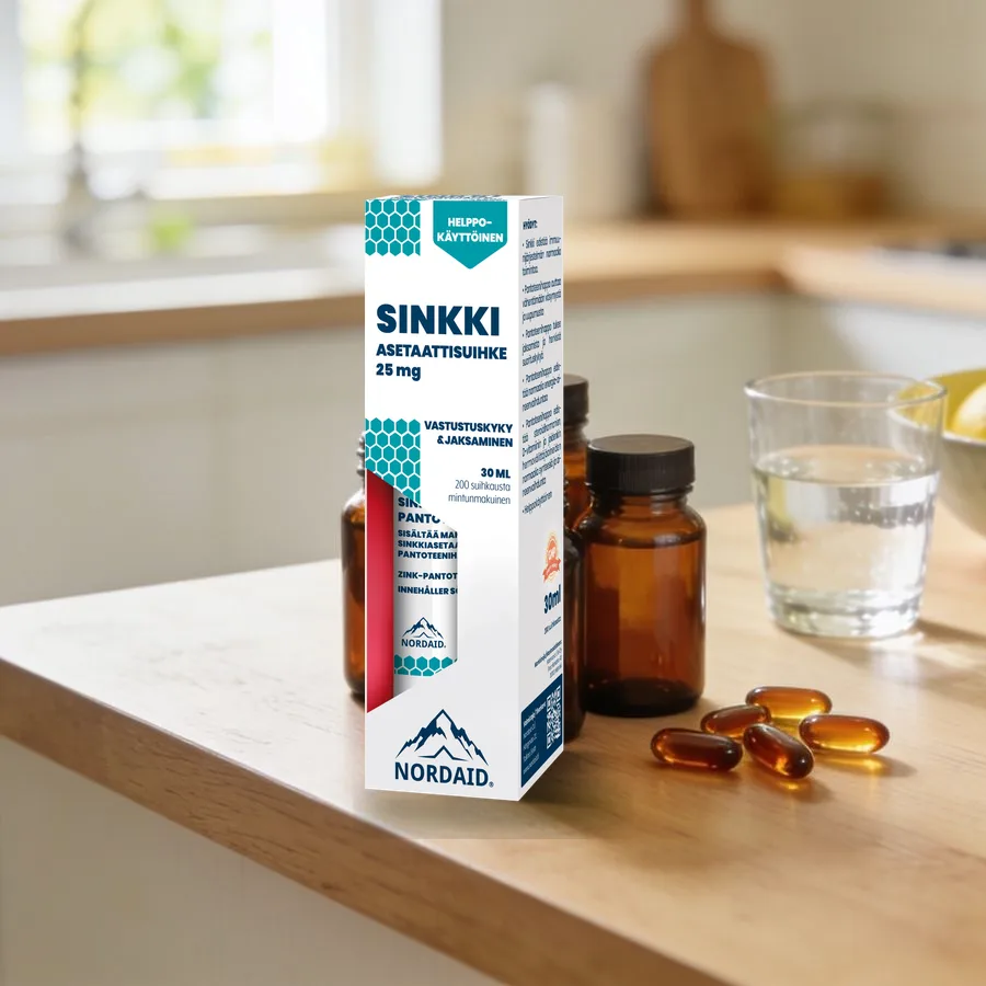 Nordaid Sinkkiasetaatti-pantoteenihapposuihke arkiympäristössä