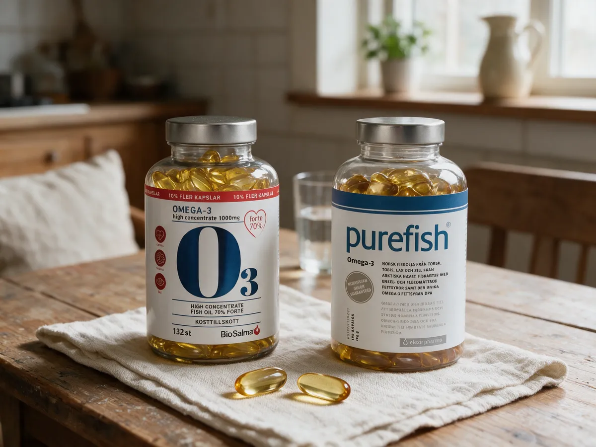 BioSalma Omega3 Forte 70% ja Elexir Pharma Purefish Omega-3 -purkit rinnakkain keittiön pöydällä