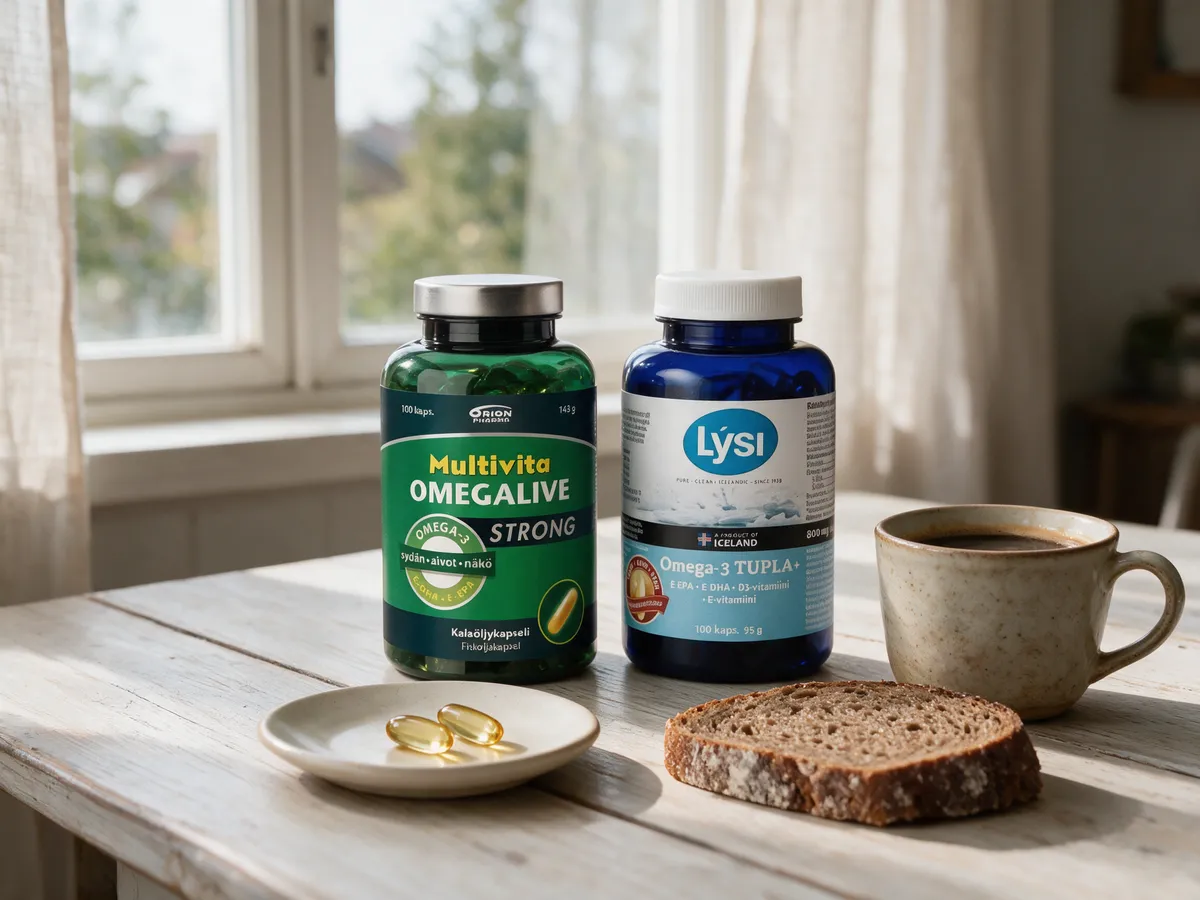 Multivita Omegalive Strong- ja Lysi Omega-3 Tupla+ -purkit rinnakkain aamiaispöydällä
