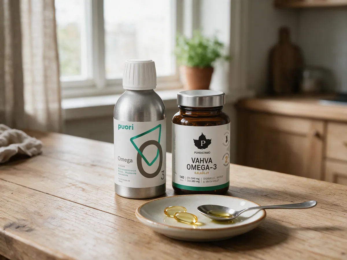 Puori O3 -pullo ja Puhdistamo Vahva Omega-3 -purkki rinnakkain puisella keittiön työtasolla