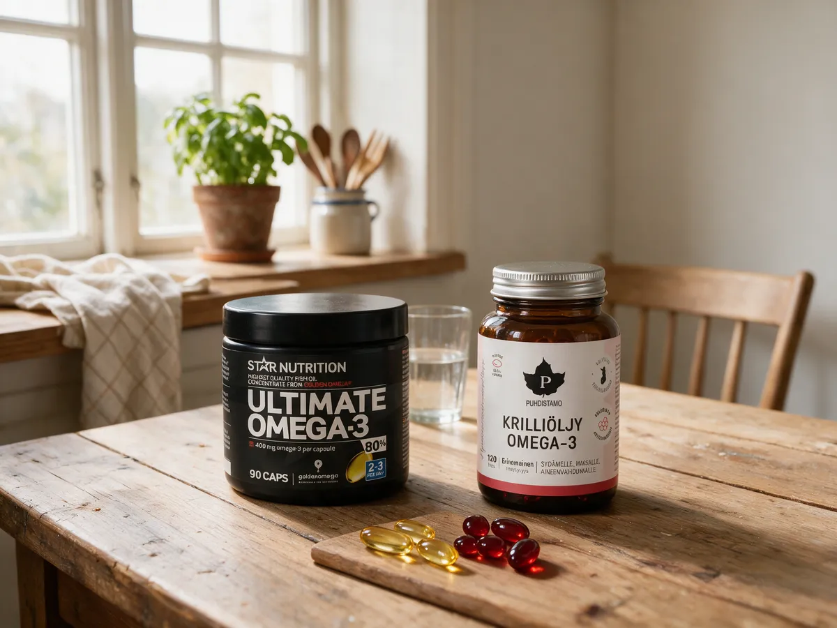 Star Nutrition Ultimate Omega-3- ja Puhdistamo Krilliöljy Omega-3 -purkit rinnakkain, edessä pieniä kullankeltaisia ja punaisia kapseleita
