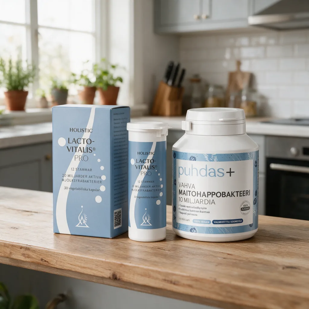 Holistic Lactovitalis Pro -purkki ja valkoinen Puhdas+ Vahva -purkki keittiön hyllyllä huoneenlämmössä