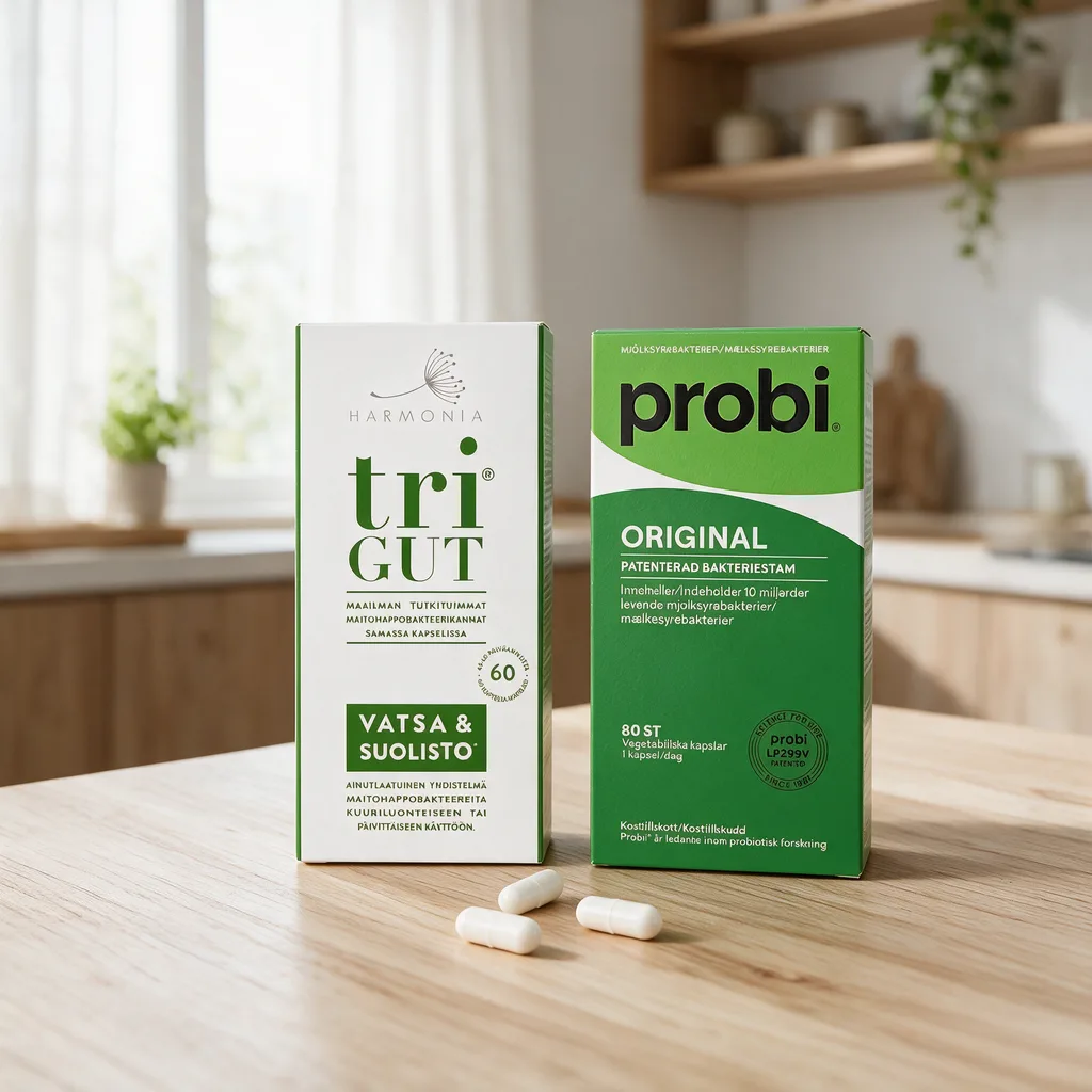 Harmonia triGUT -rasia ja vihreä Probi Original -rasia rinnakkain puisella pöydällä, edessä valkoisia kapseleita