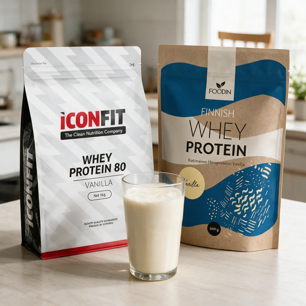 ICONFIT Whey Protein 80- ja Foodin Finnish Whey Protein -pussit rinnakkain keittiön työtasolla smoothielasin vieressä