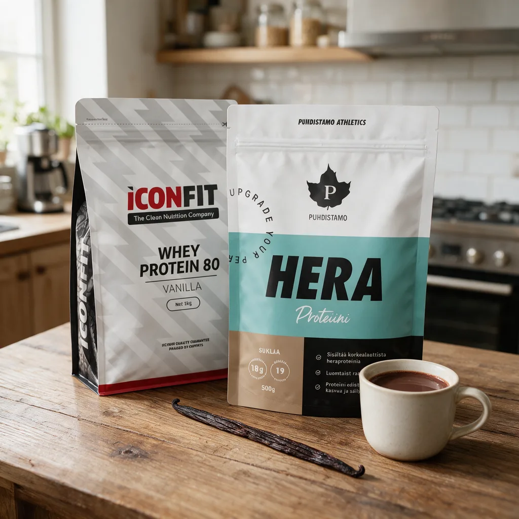 ICONFIT Whey Protein 80 Vanilla- ja Puhdistamo Hera Proteiini -pussit rinnakkain puisella pöydällä vaniljatangon ja kaakaokupin vieressä