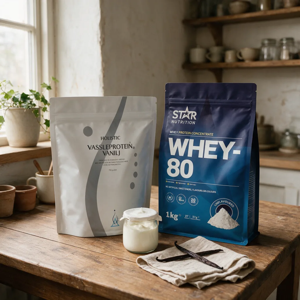 Holistic Vassleprotein Vanilj- ja Star Nutrition Whey-80 -pussit rinnakkain, edessä jogurttipurkki ja vaniljatanko