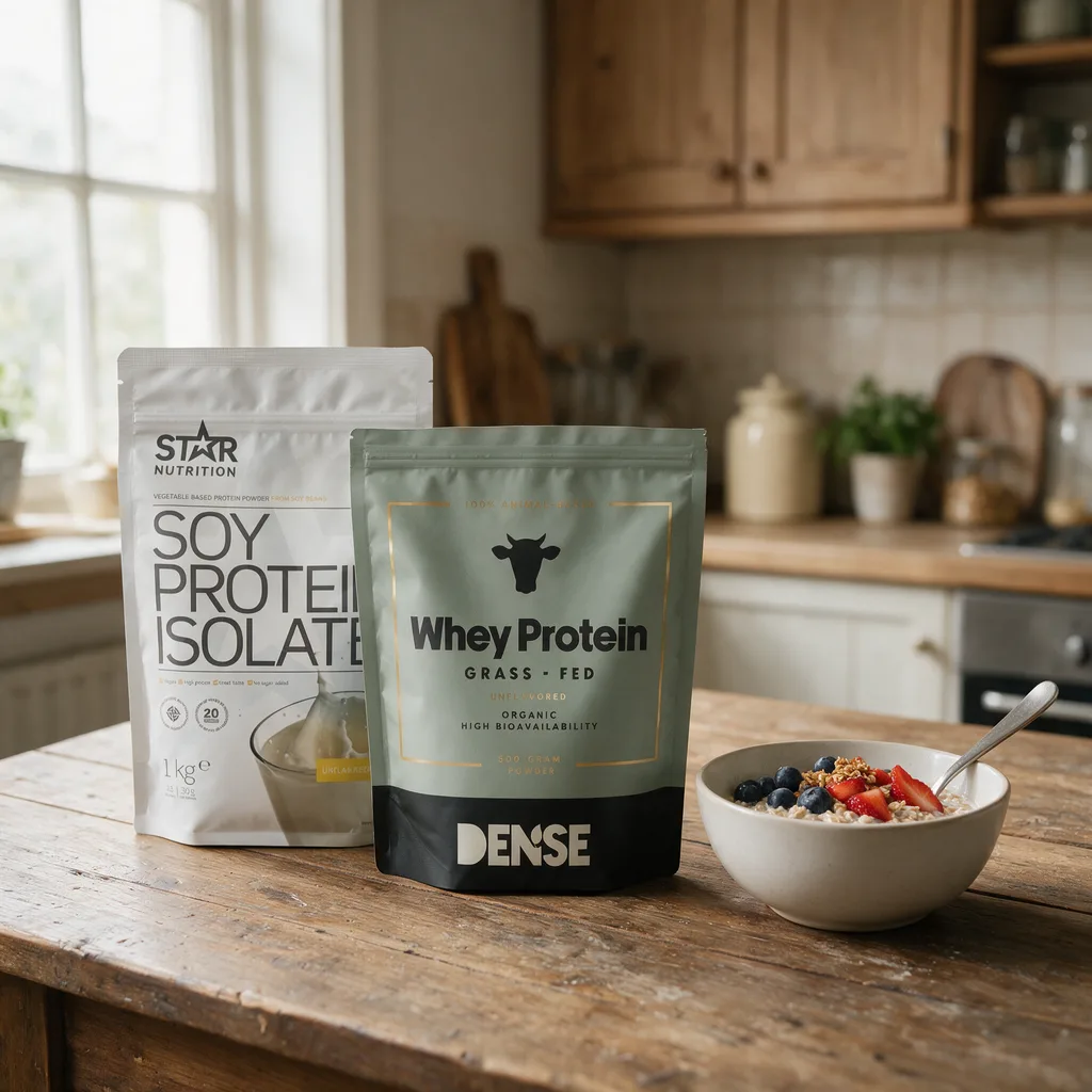 Star Nutrition Soy Protein Isolate- ja Dense Whey Protein -pussit rinnakkain keittiön pöydällä tuorepuurokulhon vieressä