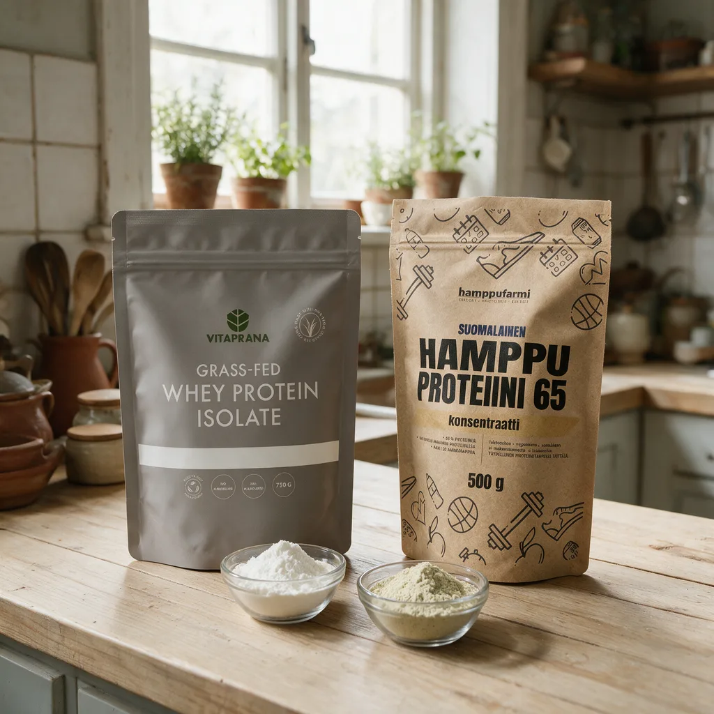 Vitaprana Grass-fed Whey Protein Isolate- ja Hamppufarmi Hamppuproteiini 65 -pussit rinnakkain, edessä kulhot valkoista ja vihertävää jauhetta