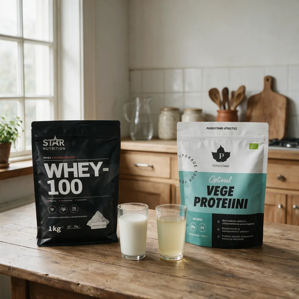 Star Nutrition Whey-100 ja Puhdistamo Optimal Vegeproteiini -pussit rinnakkain puisella pöydällä, välissä lasit maitoa ja kaurajuomaa