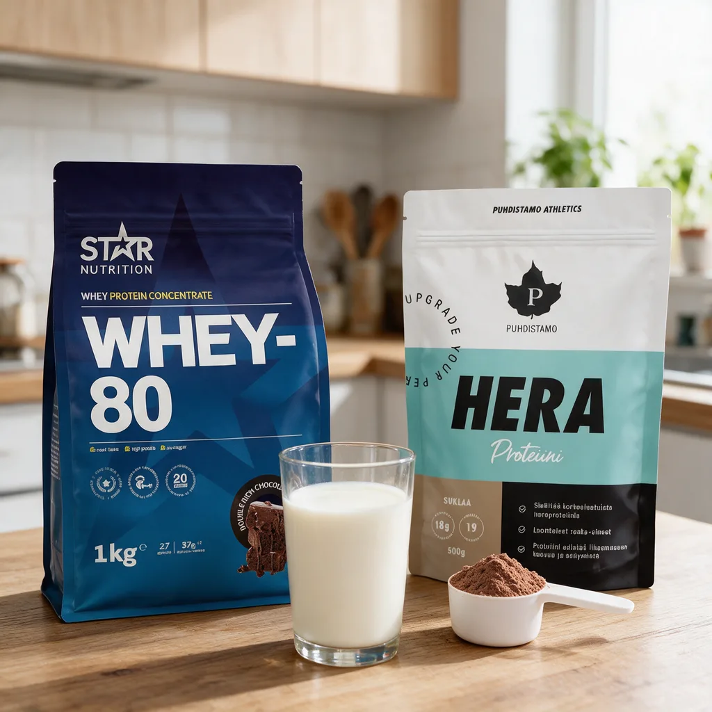 Star Nutrition Whey-80- ja Puhdistamo Hera Proteiini -pussit rinnakkain, edessä lasi maitoa ja mittalusikka jauhetta