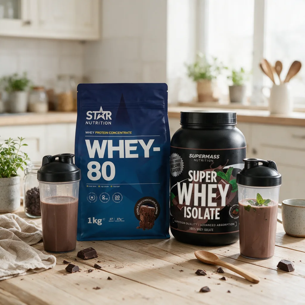 Star Nutrition Whey-80 -pussi ja Supermass Super Whey Isolate -purkki rinnakkain keittiön pöydällä, edessä kaksi shakeria