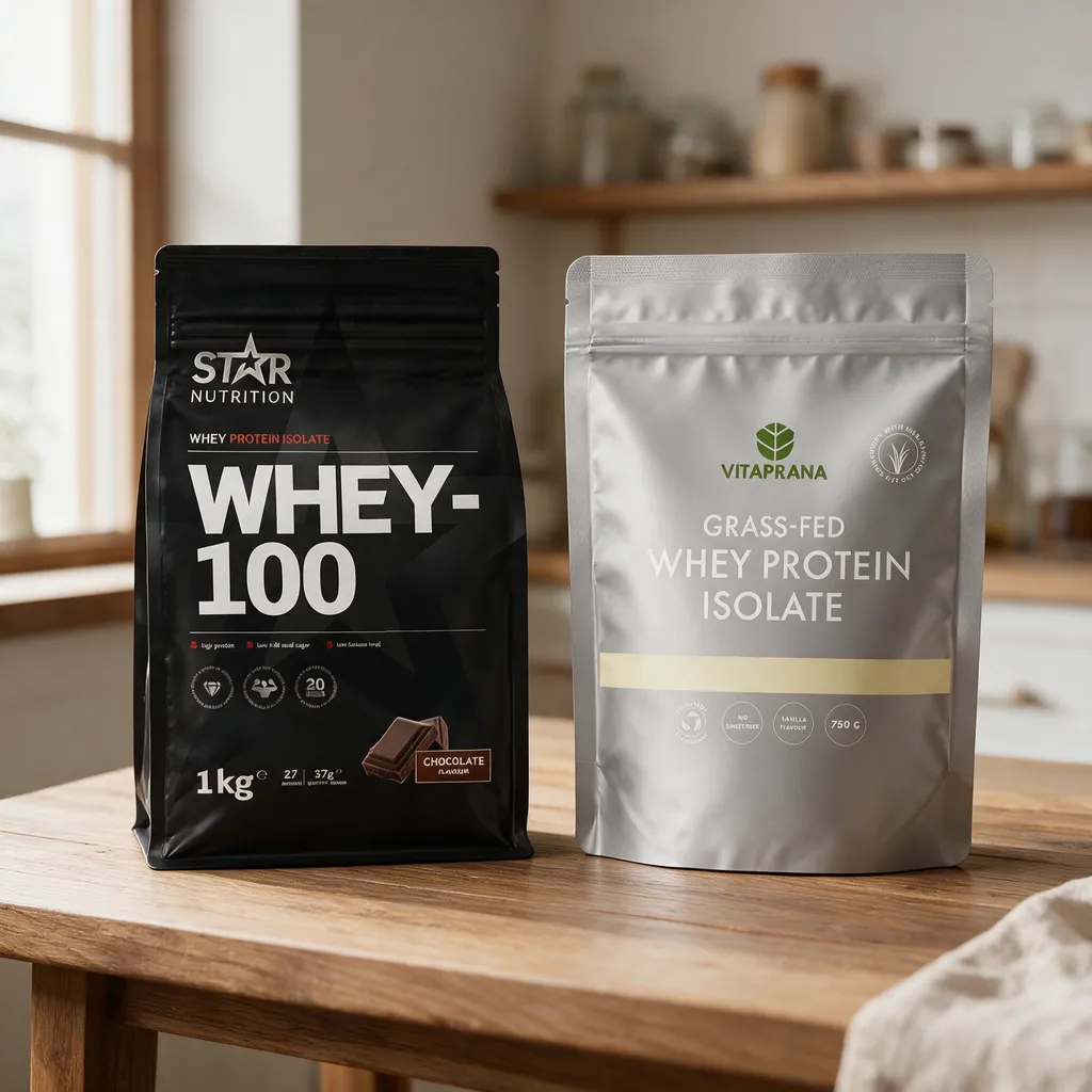 Star Nutrition Whey-100 Chocolate- ja Vitaprana Grass-fed Whey Protein Isolate Vanilla -pussit rinnakkain puisella keittiön pöydällä