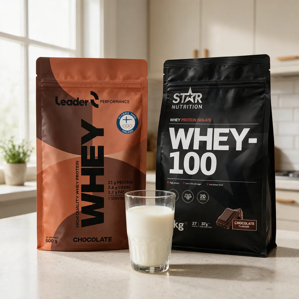 Leader Performance Whey Chocolate- ja Star Nutrition Whey-100 Chocolate -pussit rinnakkain, edessä lasi maitoa