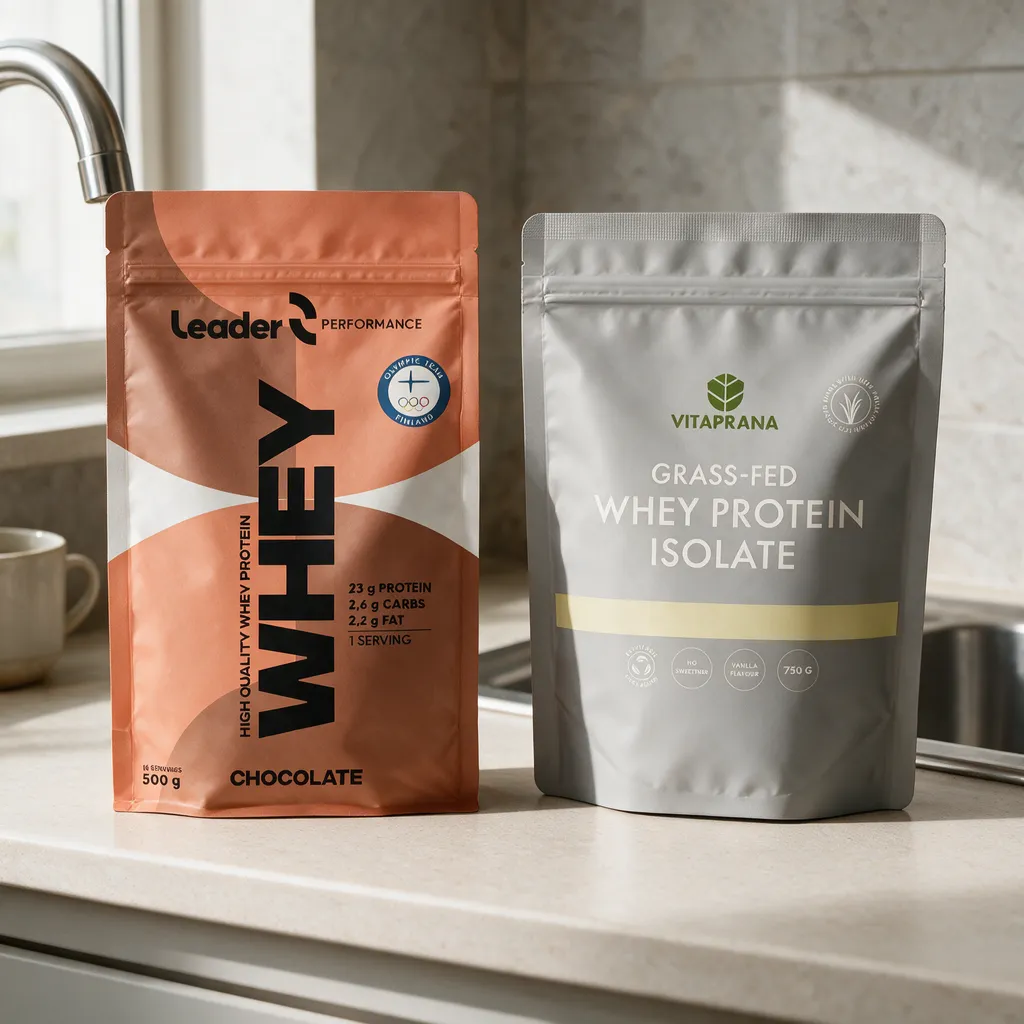 Leader Performance Whey Chocolate- ja Vitaprana Grass-fed Whey Protein Isolate Vanilla -pussit rinnakkain keittiön työtasolla