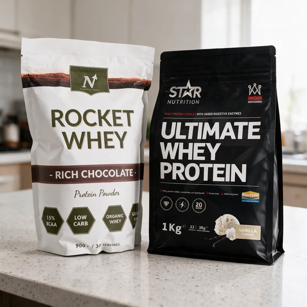 Nyttoteket Rocket Whey Rich Chocolate- ja Star Nutrition Ultimate Whey Protein Vanilla -pussit rinnakkain keittiön työtasolla