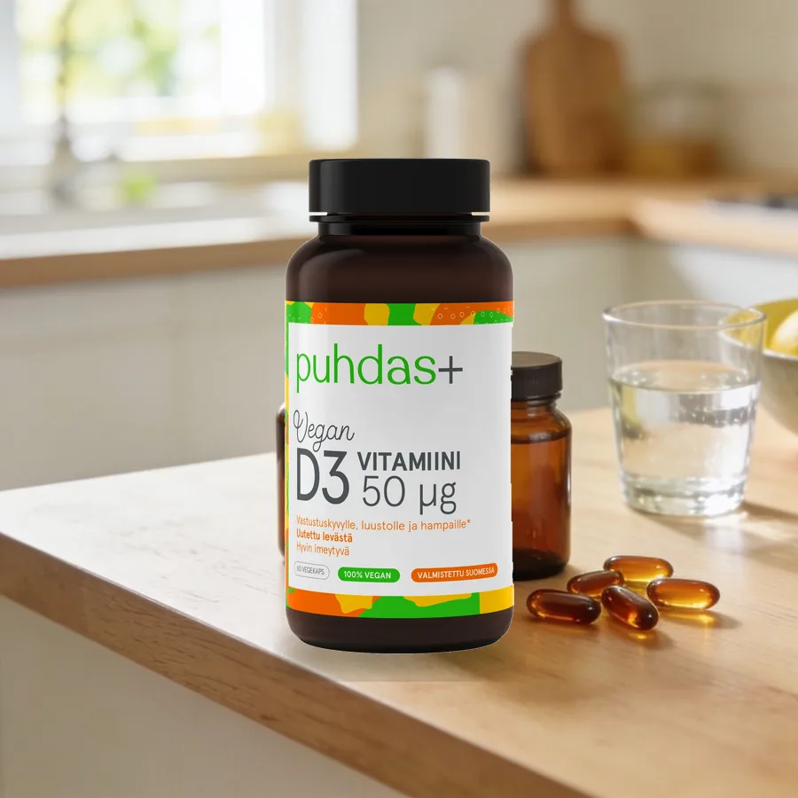 Puhdas+ D3-vitamiini, vegaaninen arkiympäristössä
