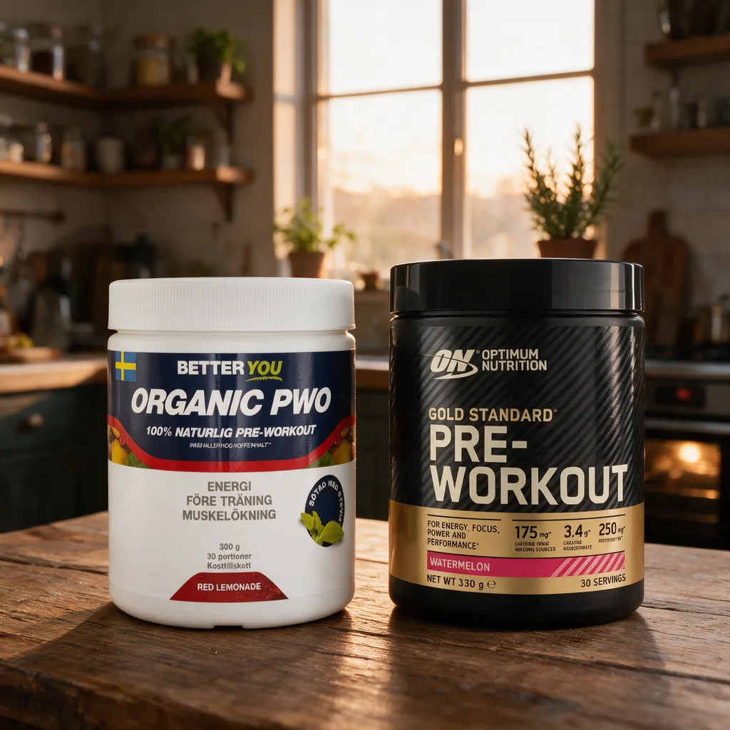 Valkoinen Better You Organic PWO -purkki ja musta Optimum Nutrition Gold Standard Pre-Workout -purkki pöydällä illan valossa