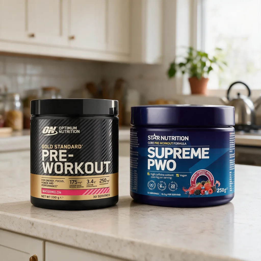 Musta Optimum Nutrition Gold Standard Pre-Workout -purkki ja tummansininen Star Nutrition Supreme PWO -purkki keittiön tasolla vierekkäin
