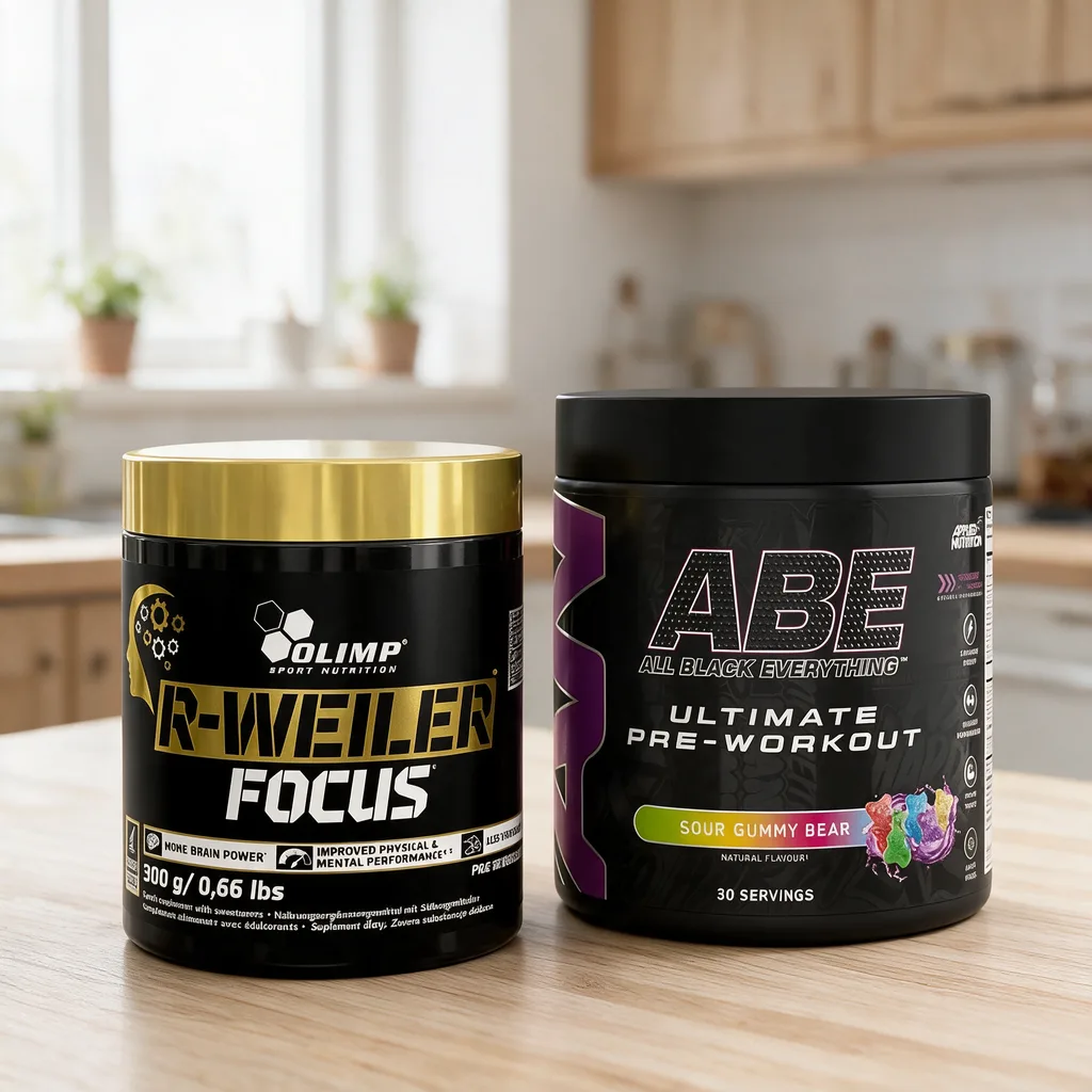 Musta Olimp R-weiler Focus -purkki ja musta Applied Nutrition ABE -purkki vierekkäin vaalealla puutasolla