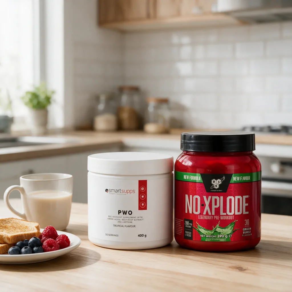 Valkoinen SmartSupps PWO -purkki ja punainen BSN N.O.-Xplode -purkki rinnakkain aamupalapöydällä