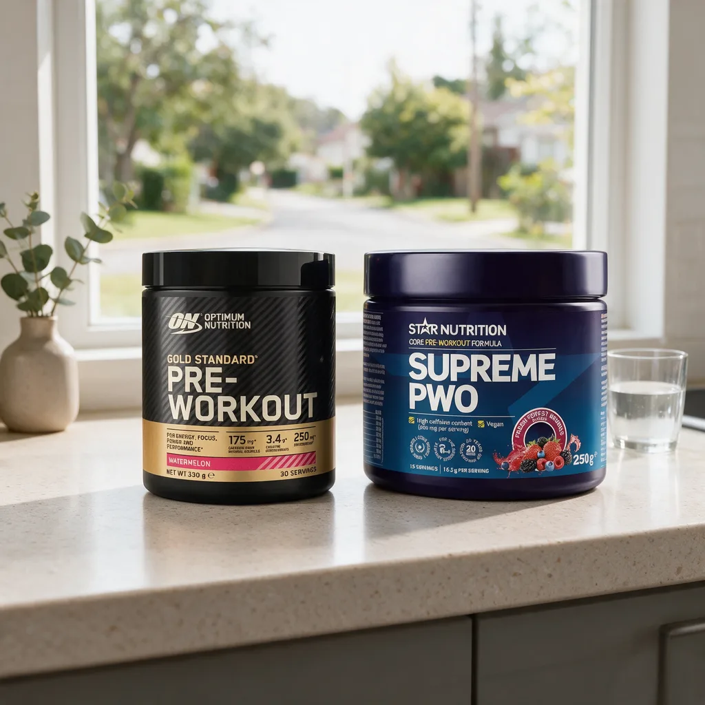 Optimum Nutrition Gold Standard Pre-Workout ja tummansininen Star Nutrition Supreme PWO keittiön ikkunan edessä