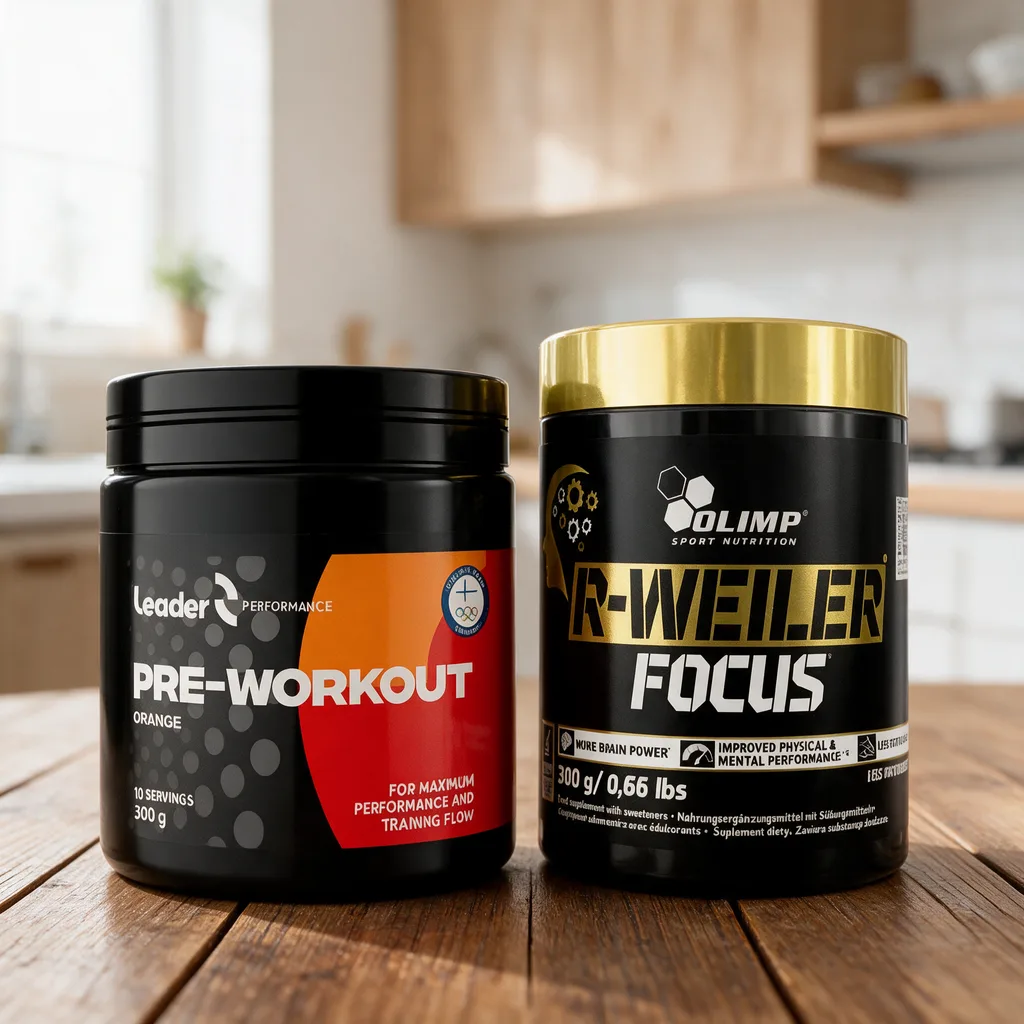Musta Leader Pre-Workout -purkki oranssilla etiketillä ja musta Olimp R-weiler Focus -purkki kultaisella kannella rinnakkain puisella pöydällä