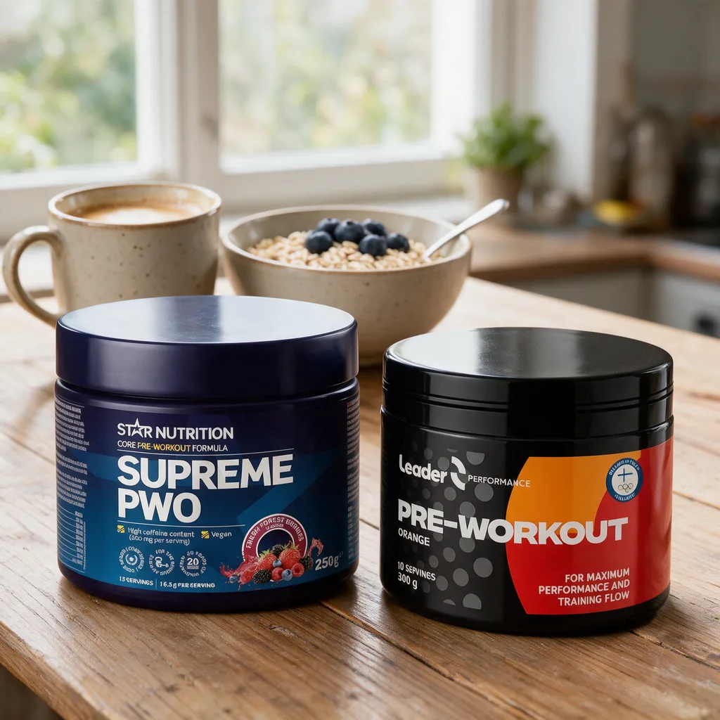 Tummansininen Star Nutrition Supreme PWO -purkki ja musta Leader Pre-Workout -purkki rinnakkain aamupalapöydällä