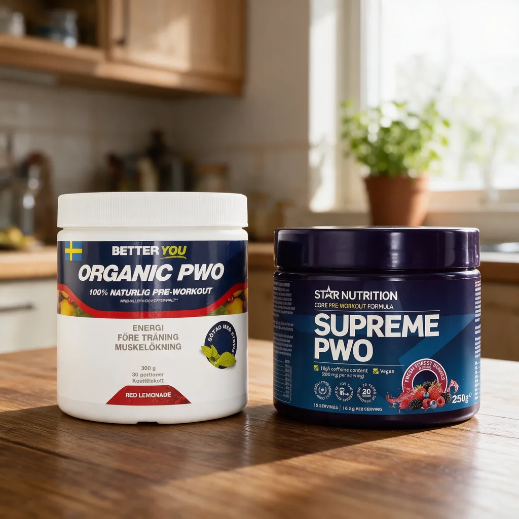 Valkoinen Better You Organic PWO -purkki ja tummansininen Star Nutrition Supreme PWO -purkki rinnakkain puisella pöydällä