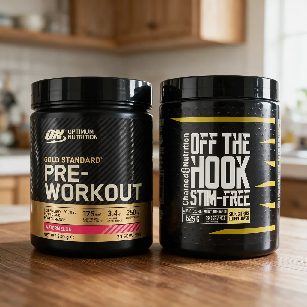 Musta Optimum Nutrition Gold Standard Pre-Workout -purkki ja musta Off The Hook Stim-Free -purkki rinnakkain puisella pöydällä