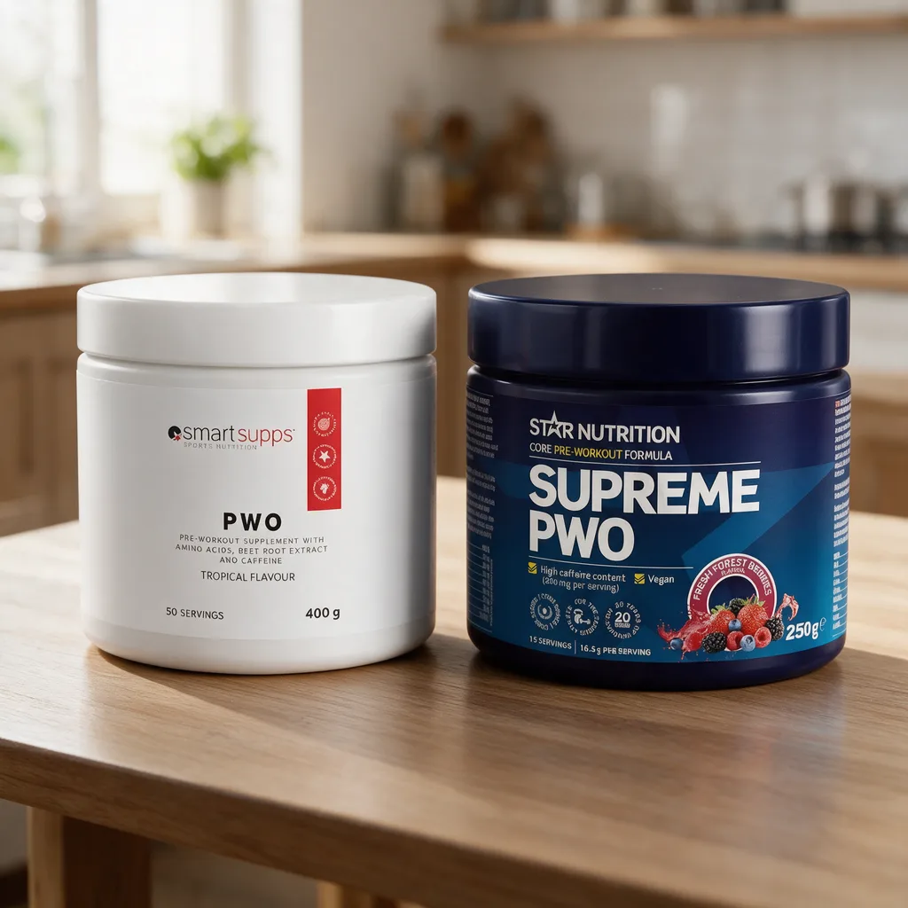 Valkoinen SmartSupps PWO -purkki ja tummansininen Star Nutrition Supreme PWO -purkki vierekkäin aamupalapöydällä