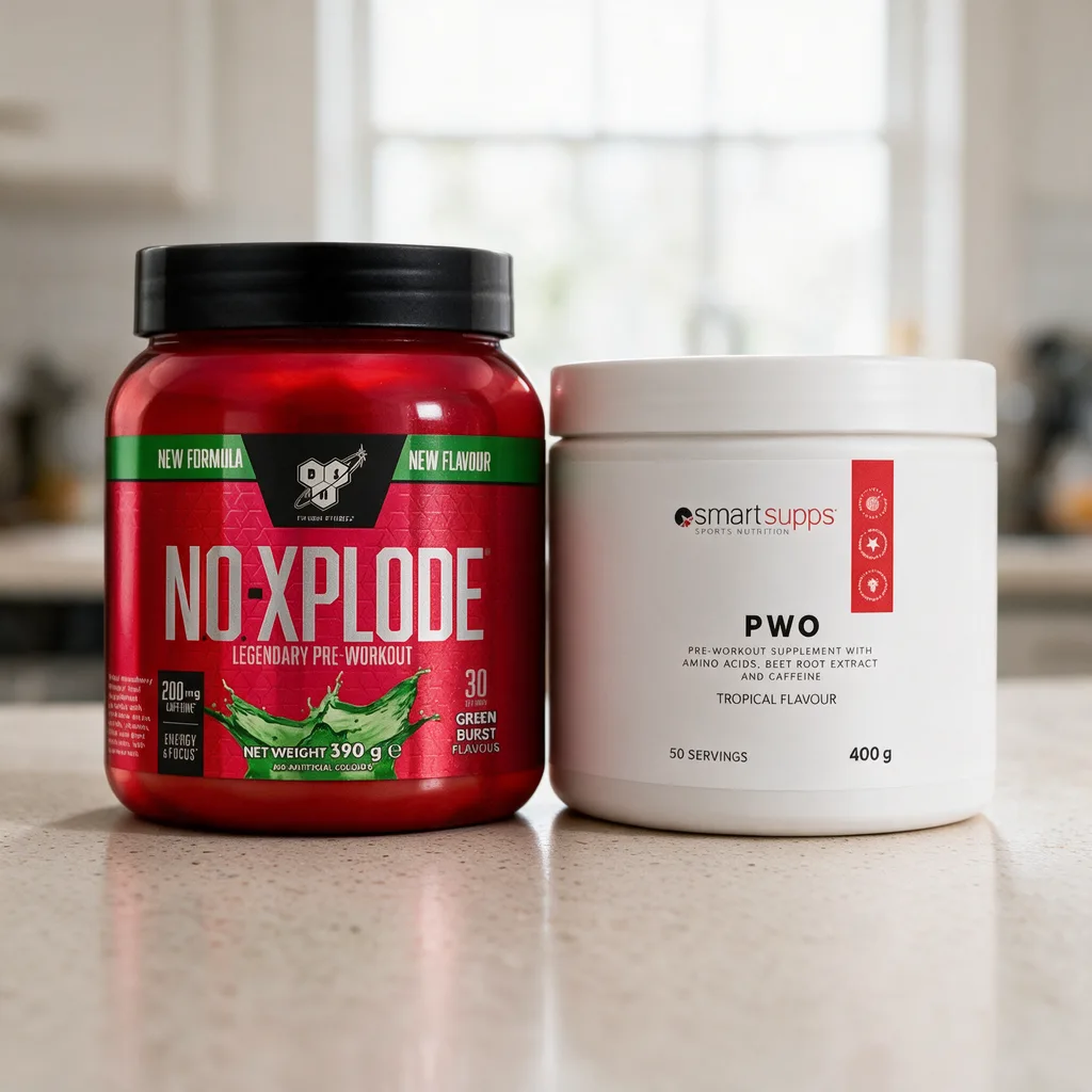 Punainen N.O.-Xplode-purkki keittiön työtasolla valkoisen SmartSupps PWO -purkin rinnalla