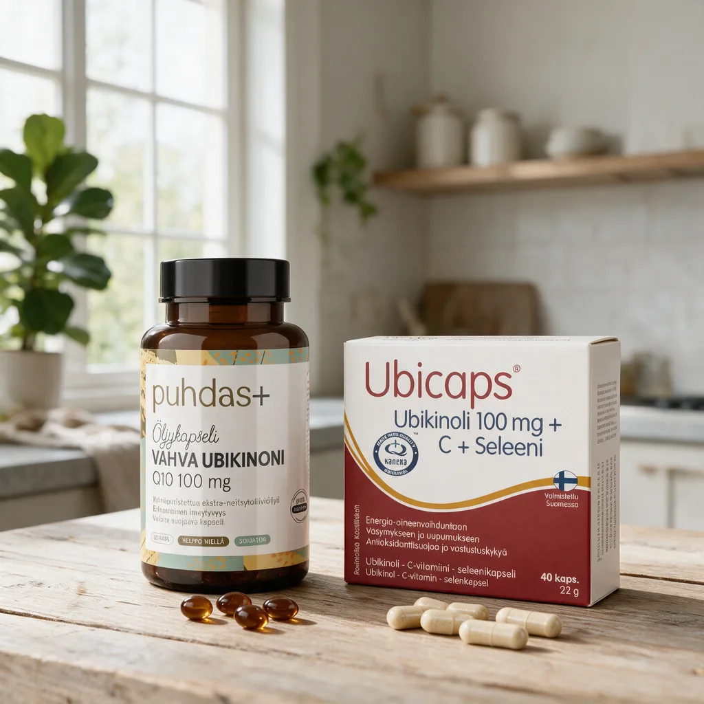 Ruskea Puhdas+-lasipurkki ja Ubicaps-pakkaus rinnakkain puisella pöydällä, edessä pieniä ruskeita pehmytkapseleita ja vaaleita kasvikapseleita