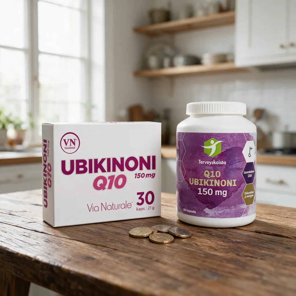 Via Naturalen valkoinen pakkaus ja Terveyskaistan violettietikettinen purkki rinnakkain keittiön pöydällä, välissä muutama kolikko