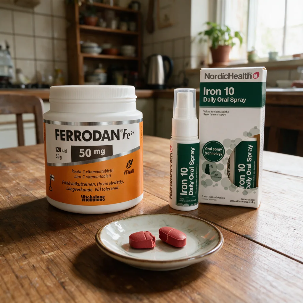 Vitabalans Ferrodan Fe2+ 50 mg -purkki ja Nordic Health Iron 10 -suihke rinnakkain, edessä puolitettu punainen tabletti lautasella