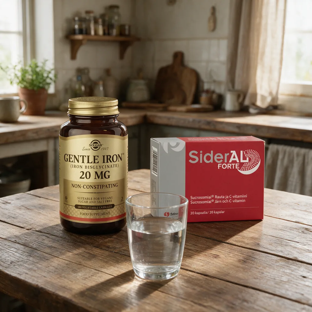 Solgar Gentle Iron -purkki ja SiderAL Forte -rasia rinnakkain puisella pöydällä vesilasin vieressä