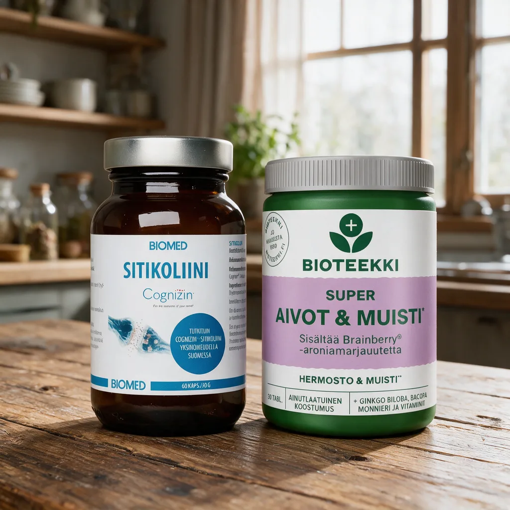 Biomedin ruskea Sitikoliini-lasipurkki ja Bioteekin vihreä Super Aivot & Muisti -purkki vierekkäin puisella keittiön pöydällä