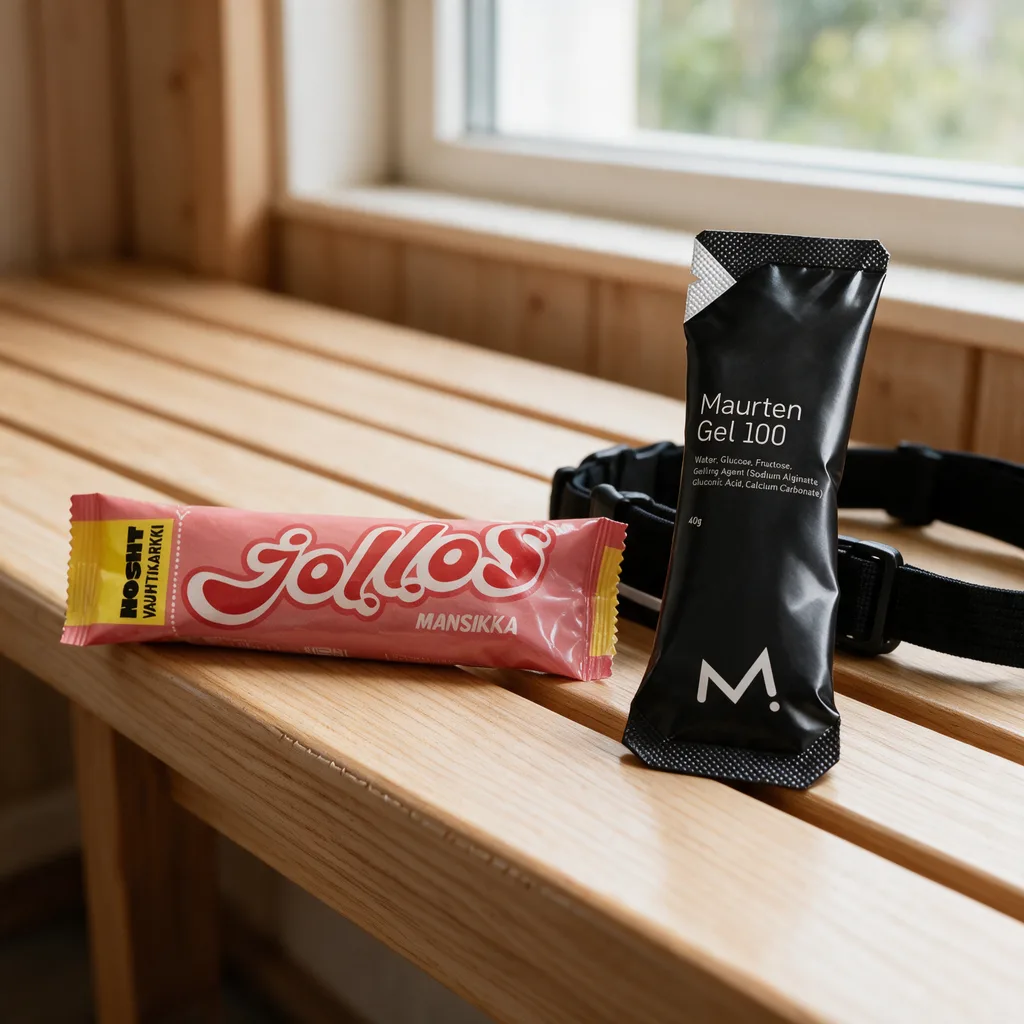 Vaaleanpunainen Nosht Jollos -kääre ja musta Maurten Gel 100 -pussi juoksuvyön vieressä