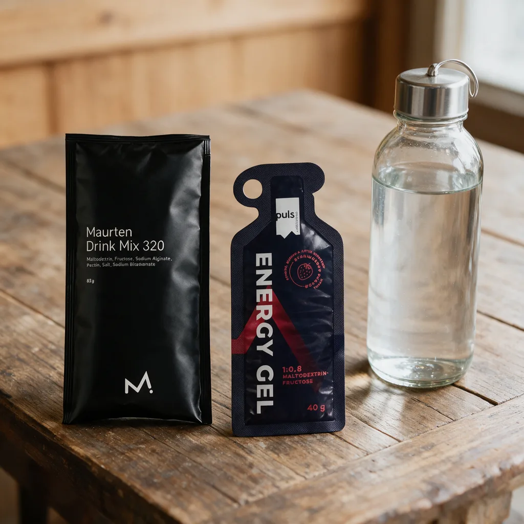Musta Maurten Drink Mix 320 -pussi ja tummansininen Puls-geelipussi juomapullon vieressä puisella pöydällä