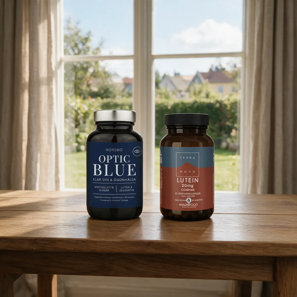 Nordbo Optic Blue -lasipurkki ja Terranova Lutein Complex -purkki rinnakkain tammipöydällä ikkunan edessä