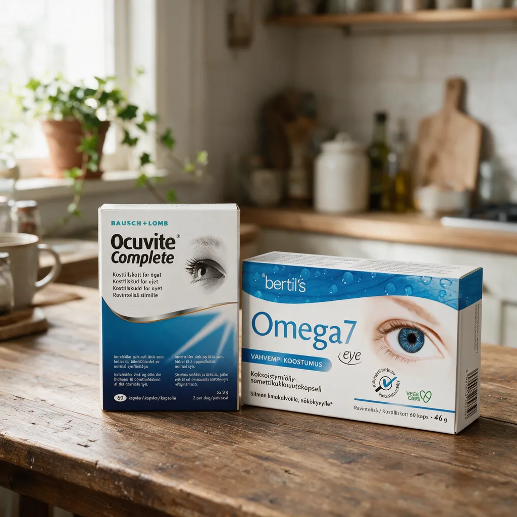 Sini-valkoinen Ocuvite Complete -pakkaus ja Bertils Omega7 Eye -pakkaus vierekkäin puisella keittiön pöydällä