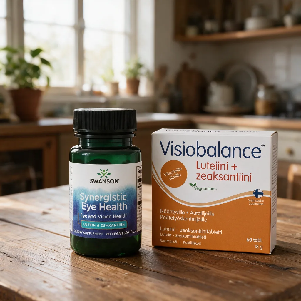 Swansonin vihreä Synergistic Eye Health -purkki ja oranssi-valkoinen Visiobalance-pakkaus vierekkäin puisella keittiön pöydällä